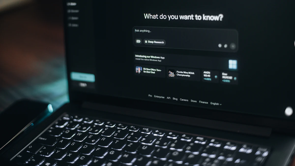 Laptop showing an AI assistant search screen asking what do you want to know