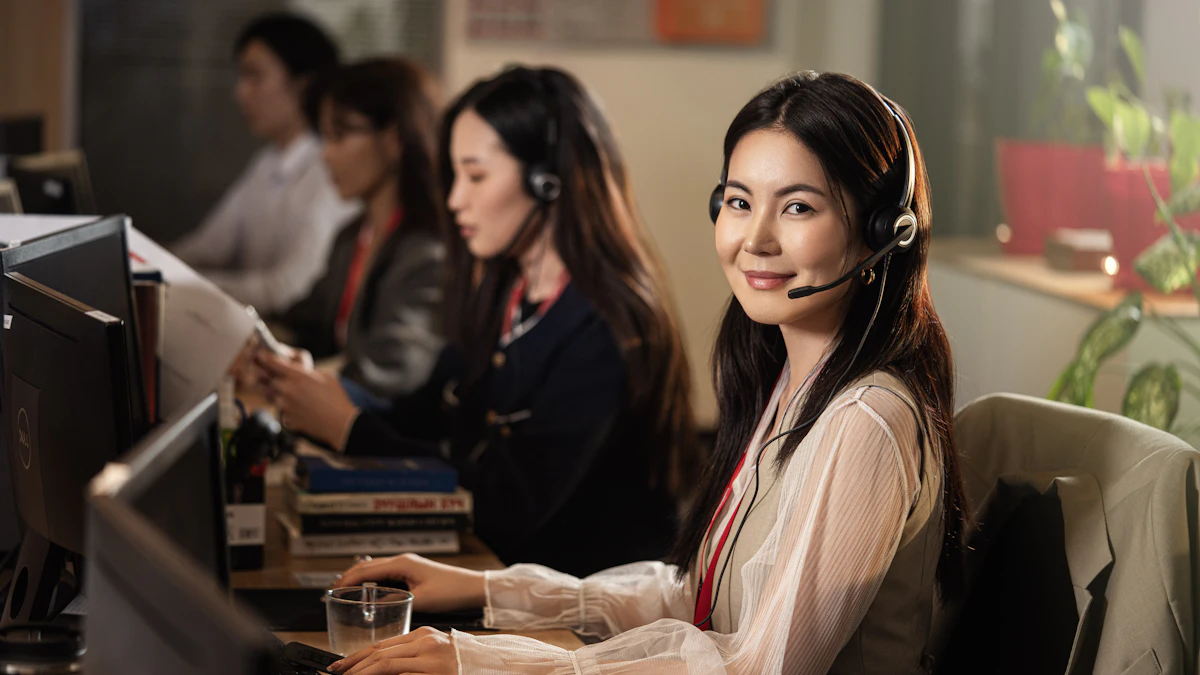 Customer service representative wearing a headset smiling at her desk