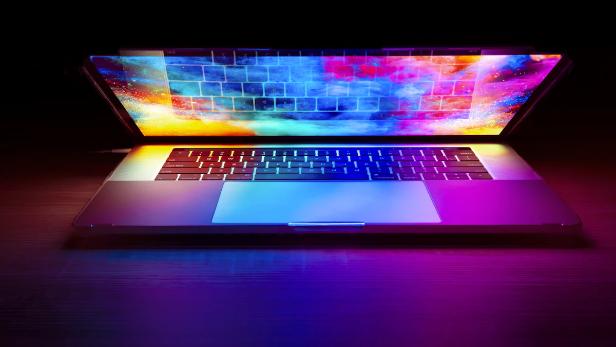 Open laptop with a bright, colorful screen glowing in a dark room